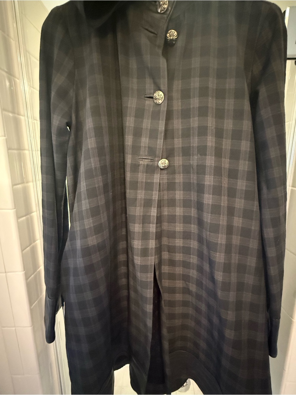 Plaid women’s coat leather detailing